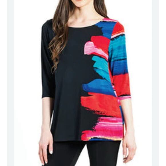 Clara Sun Woo Paint Stroke Tunic Top 1X Plus Asymmetric Hem Long Sleeve Art Knit - Picture 10 of 10